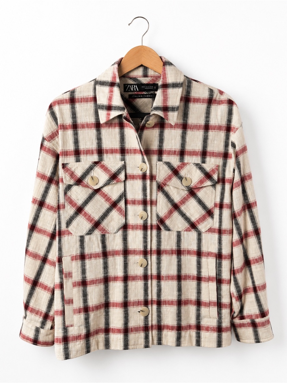 ZARA Cream Plaid Button-Up Jacket Red & Black NWT Small Streetwear Cabincore